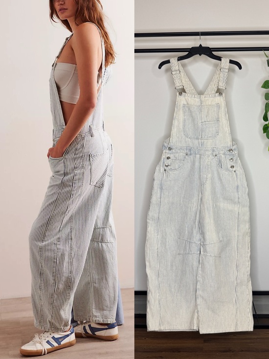 Free People Pants - Free People We The Free Good Luck Striped Barrel Leg Overalls size S Small